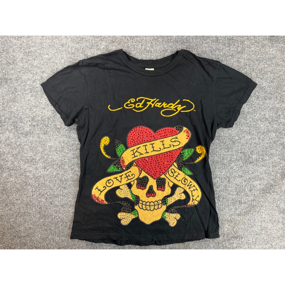 Ed Hardy T-Shirt Womens Large Black Love Kills Slowly Skull Tattoo Graphic Tee